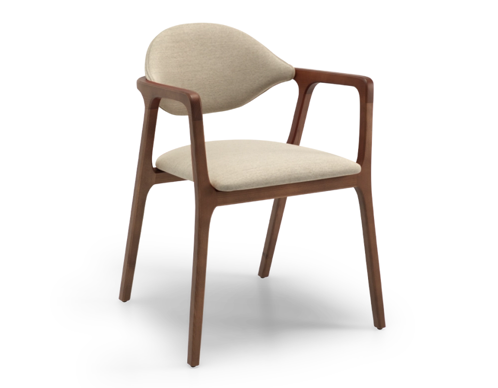 Chaise design avec accoudoirs bois teinte marron foncé et tissu taupe