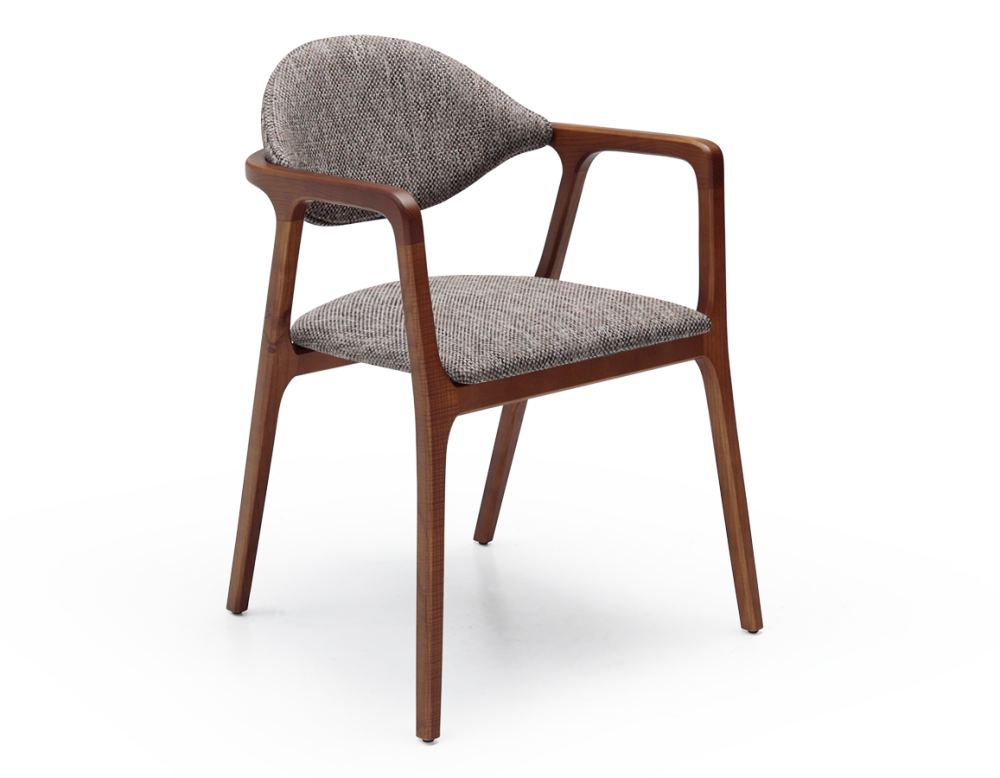 Chaise design avec accoudoirs bois teinte merisier et tissu chiné marron