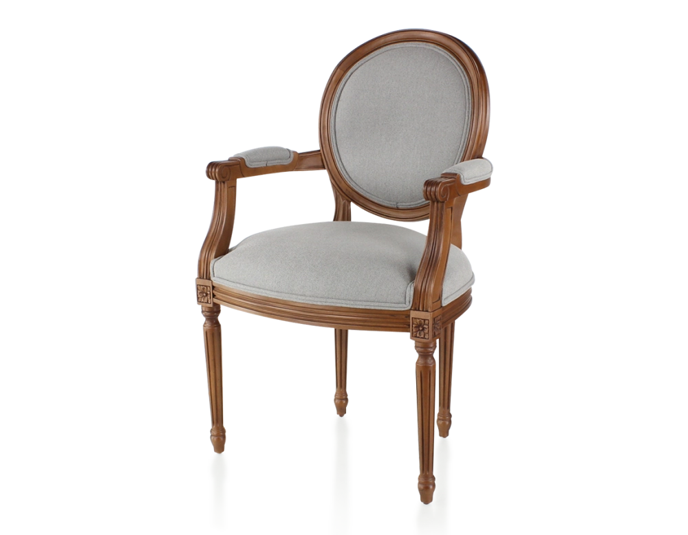 Antique Louis XVI style armchair with armrests wood stained in an antique style and light grey fabric