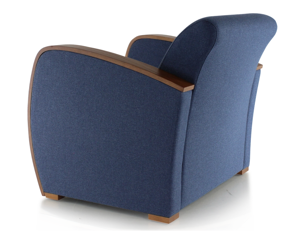 Fauteuil design bois teinte merisier et tissu bleu marine