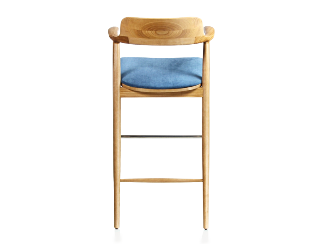 Tabouret de bar h80 cm bois teinte naturelle assise tissu bleu jean