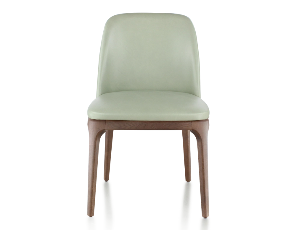 Silla de diseño madera tintada marrón oscuro y piel verde salvia