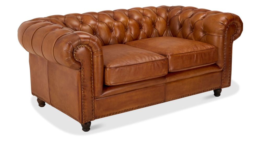 Canapé Chesterfield cuir 2 places marron clair accoudoirs cloutés
