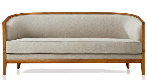 Canapé ancien 3 places bois teinte merisier et tissu beige naturel