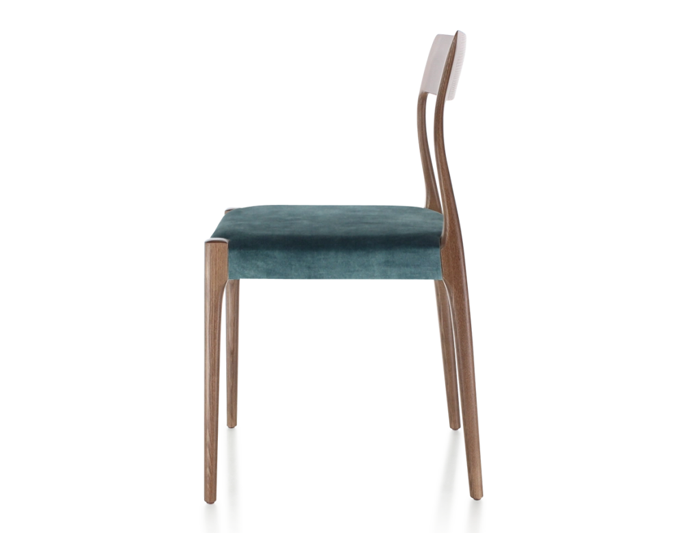 Silla escandinava madera tintada marrón oscuro asiento tejido terciopelo azul petróleo