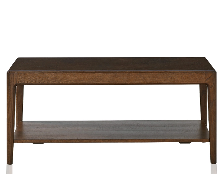 Mesa de centro rectangular de roble y cerámica con estante en madera tinte marrón oscuro tablero cerámico marrón oxidado 100x50 cm