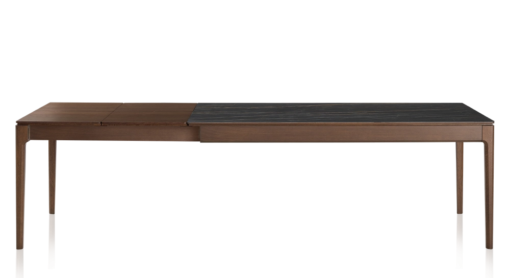 Table extensible 8 à 12 personnes en chêne et céramique allonges bois avec bois teinte marron foncé et plateau céramique effet marbre noir 180x100 cm