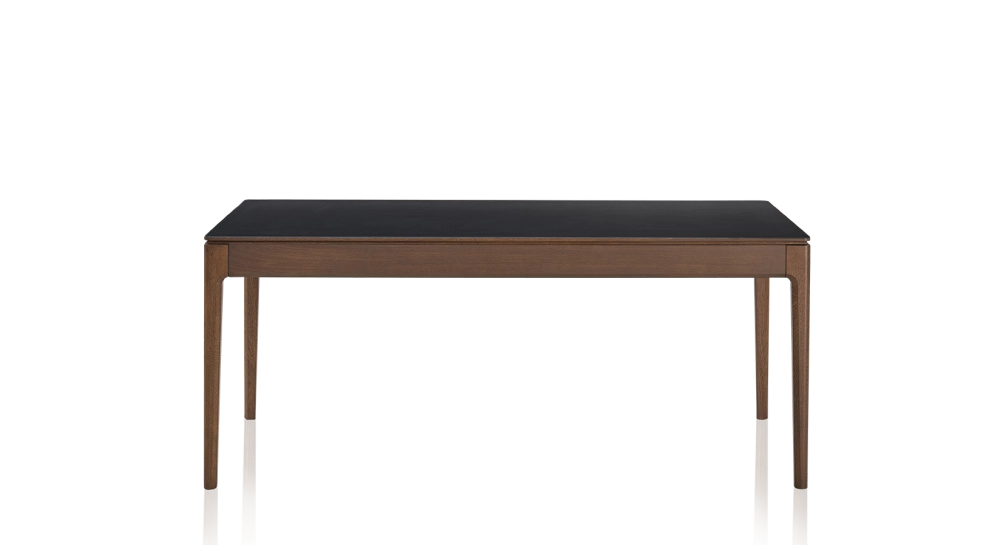 Table extensible 8 à 12 personnes en chêne et céramique allonges bois avec bois teinte marron foncé et plateau céramique noir unie 210x100 cm
