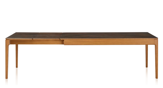 Table extensible 8 à 12 personnes en chêne et céramique allonges céramique avec bois teinte merisier et plateau et allonges céramique brun oxydé 180x100 cm