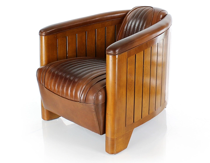Sillón club de madera y piel marrón vintage
