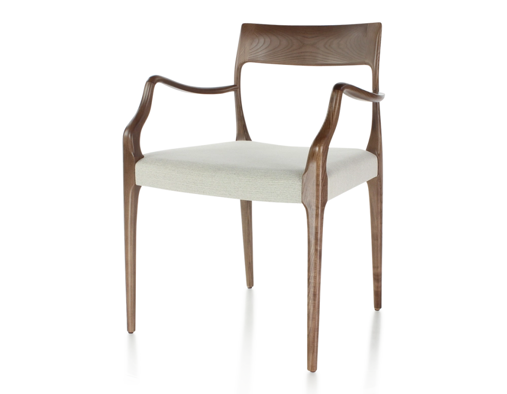 Scandinavian armchair with armrests wood stained dark brown seat natural beige fabric