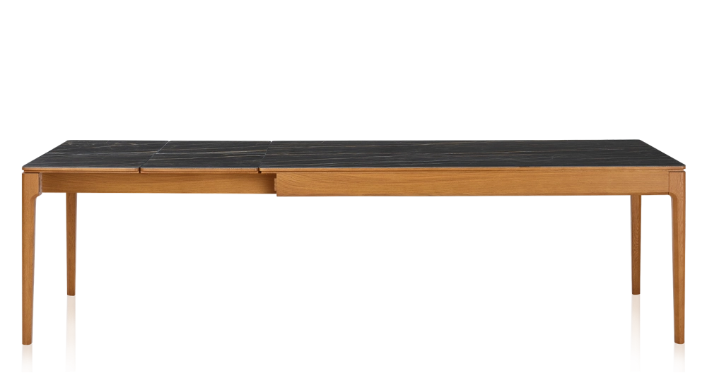 Table extensible 6 à 10 personnes en chêne et céramique allonges céramique avec bois teinte merisier et plateau et allonges céramique effet marbre noir 160x100 cm