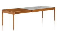Table extensible 8 à 12 personnes en chêne et céramique allonges bois avec bois teinte merisier et plateau céramique effet marbre blanc 210x100 cm