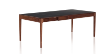 Table extensible en noyer et céramique 6 à 10 personnes allonges céramique avec bois teinte naturelle et plateau et allonges céramique noire unie 140x90 cm