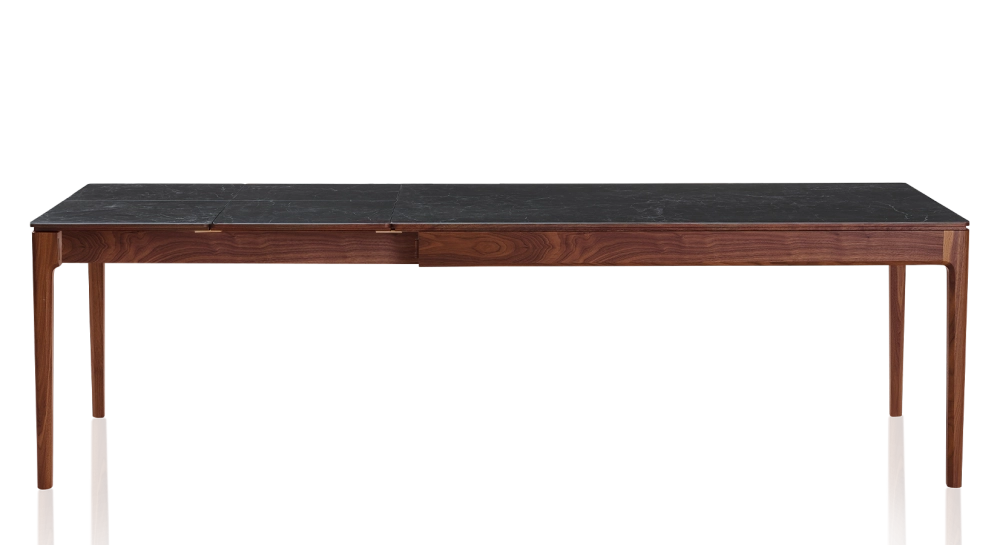 Extendable table for 8 to 12 people in walnut and ceramic, ceramic extensions with natural stained wood and ceramic slate effect top and extensions 180x100 cm
