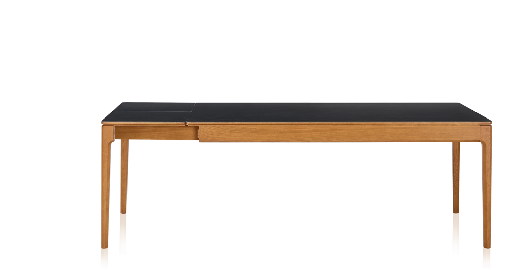 Table extensible 8 à 12 personnes en chêne et céramique allonges céramique avec bois teinte merisier et plateau et allonges céramique noire unie 210x100 cm