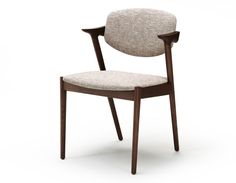 Scandinavian chair dark brown stained wood with fusion fabric seat.