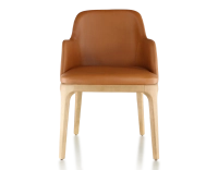 Designer chair with armrests natural stained wood and caramel leather