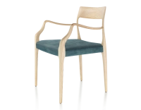 Chaise scandinave avec accoudoirs bois teinte naturelle assise tissu velours bleu pétrole