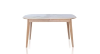 Mesa extensible de 8 a 12 personas de roble y cerámica con extensiones de madera con madera de tinte natural y tablero cerámico efecto mármol blanco 160x100 cm