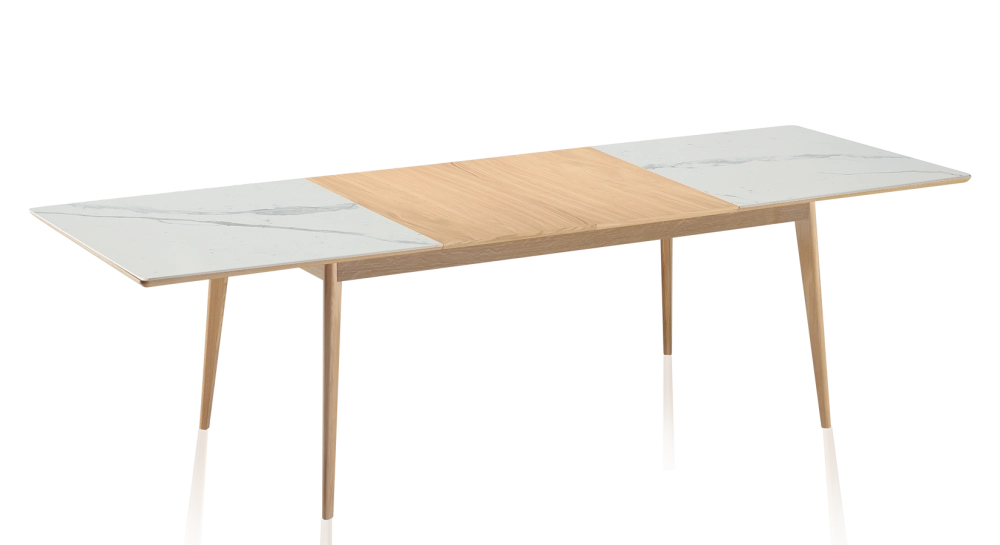 Table extensible 6 à 8 personnes en chêne et céramique allonges bois avec bois teinte naturelle et plateau céramique effet marbre blanc 140x90 cm