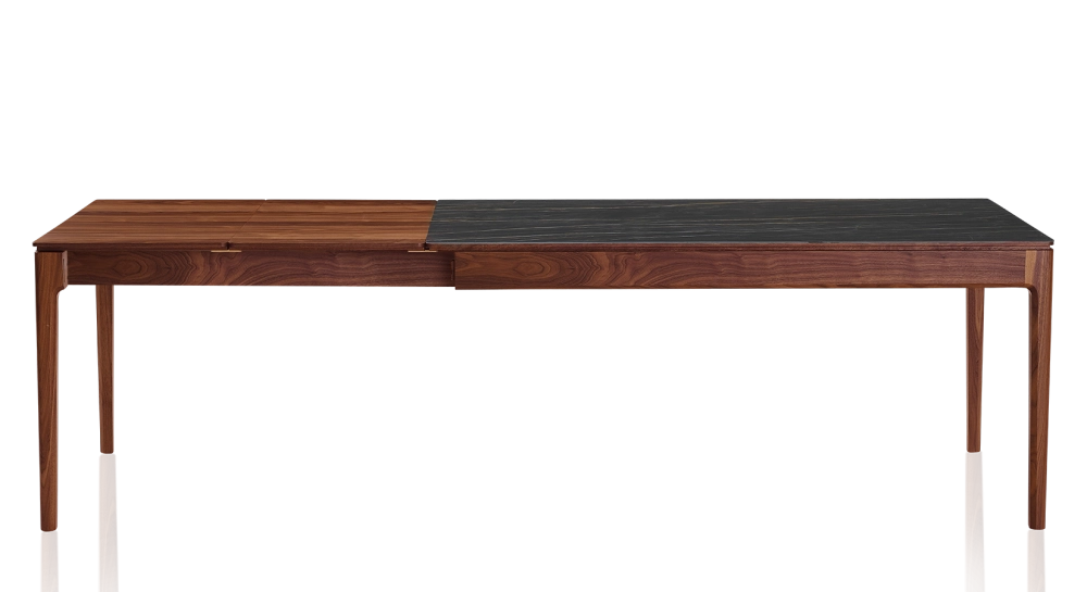 Table extensible 6 à 10 personnes en noyer et céramique allonges bois avec bois teinte naturelle et plateau céramique effet marbre noir 160x100 cm