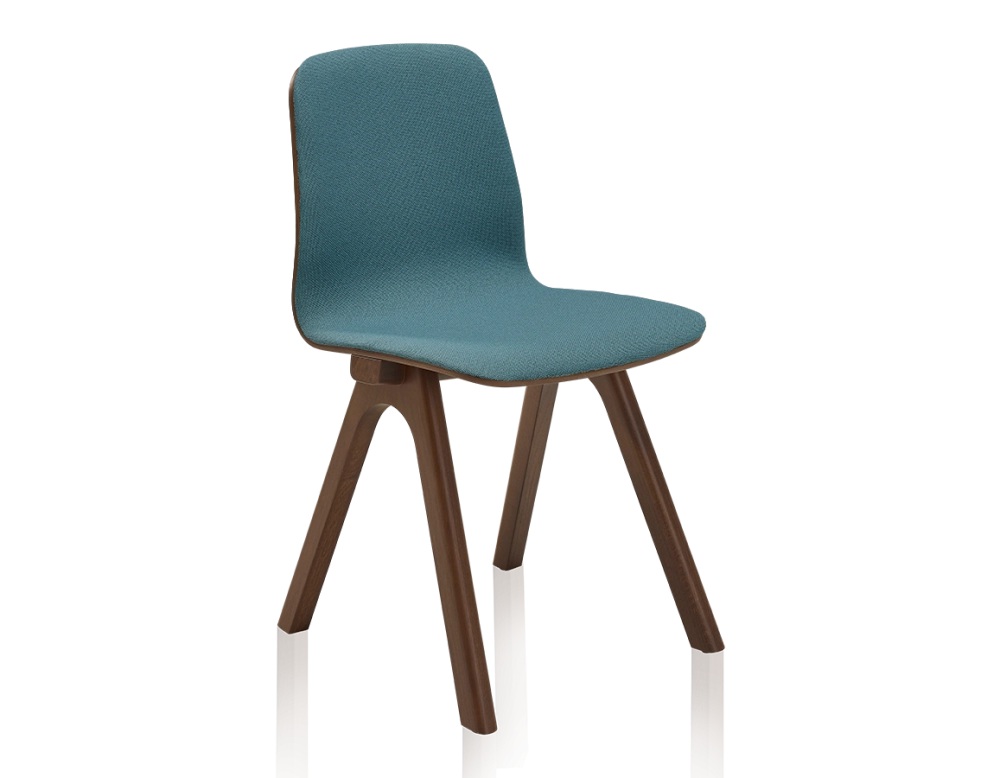 Silla de diseño de roble tapizada madera tintada marrón oscuro asiento tejido azul océano