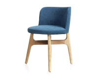 Designer chair natural tint wood, denim blue fabric seat