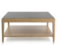 Mesa de centro cuadrada de roble y cerámica con estante en madera tinte natural tablero cerámico marrón oxidado 100x100 cm