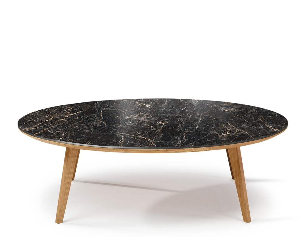 Table basse ronde F1 en chêne et céramique bois teinte naturelle plateau céramique effet marbre noir 120x120x30 cm