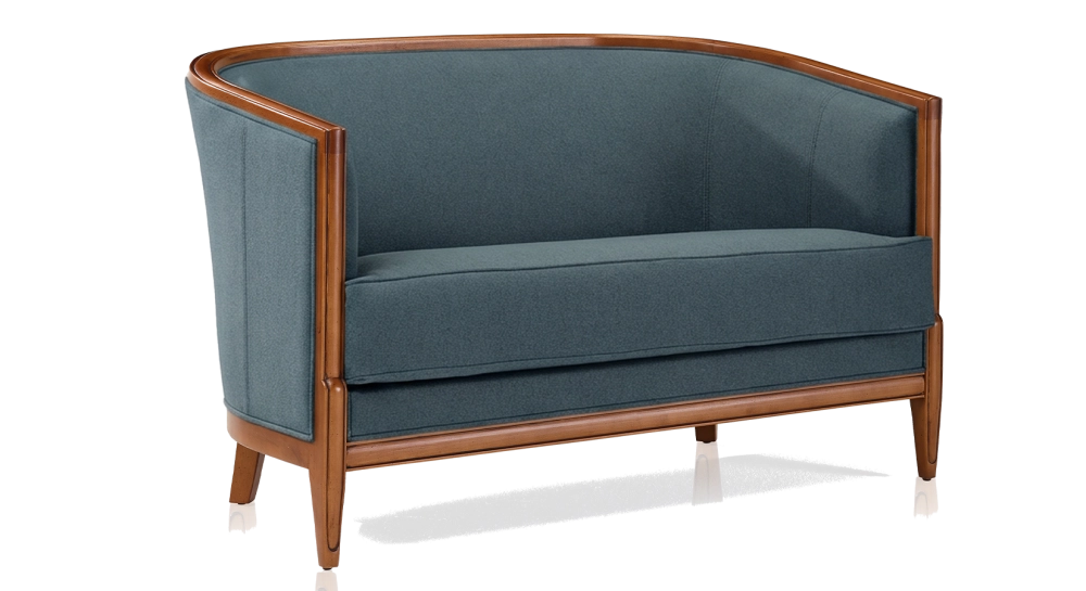 Sofá antiguo de 2 plazas con reposabrazos moldurados bois teinte ancienne et tissu bleu océan