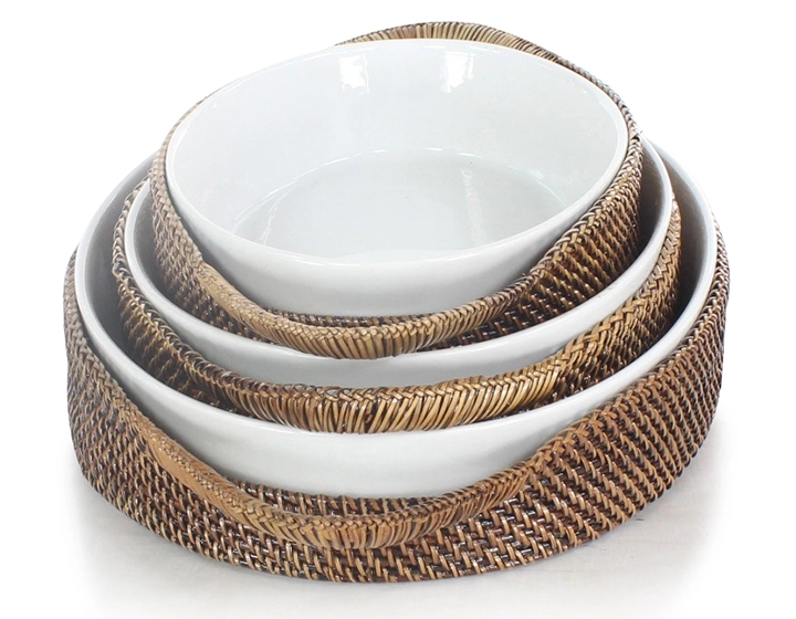 Large oval porcelain dish with rattan flower stand
