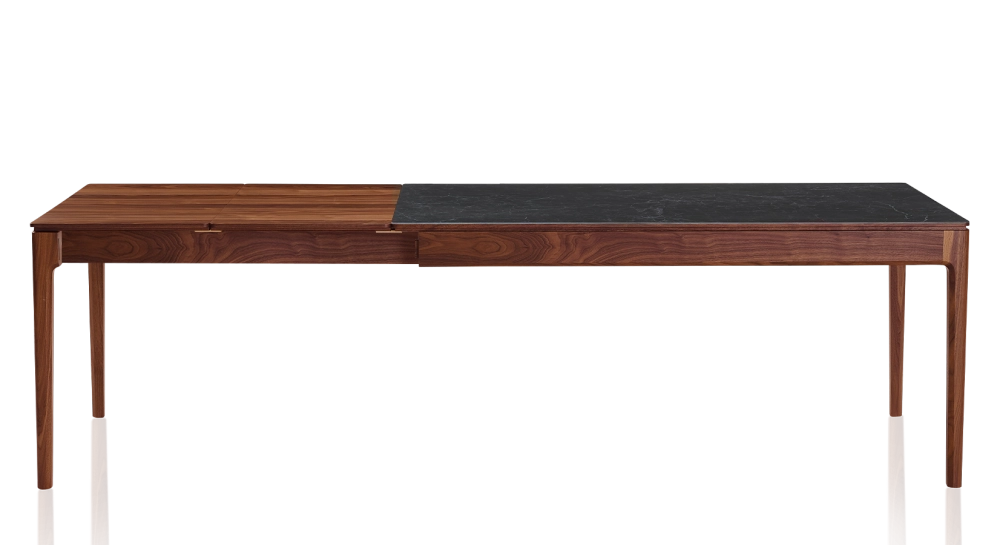 Table extensible 8 à 12 personnes en noyer et céramique allonges bois avec bois teinte naturelle et plateau céramique effet ardoise 210x100 cm