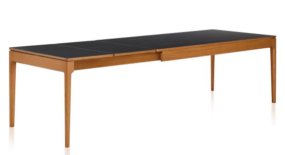 Table extensible 6 à 10 personnes en chêne et céramique allonges céramique avec bois teinte merisier et plateau et allonges céramique noire unie 160x100 cm