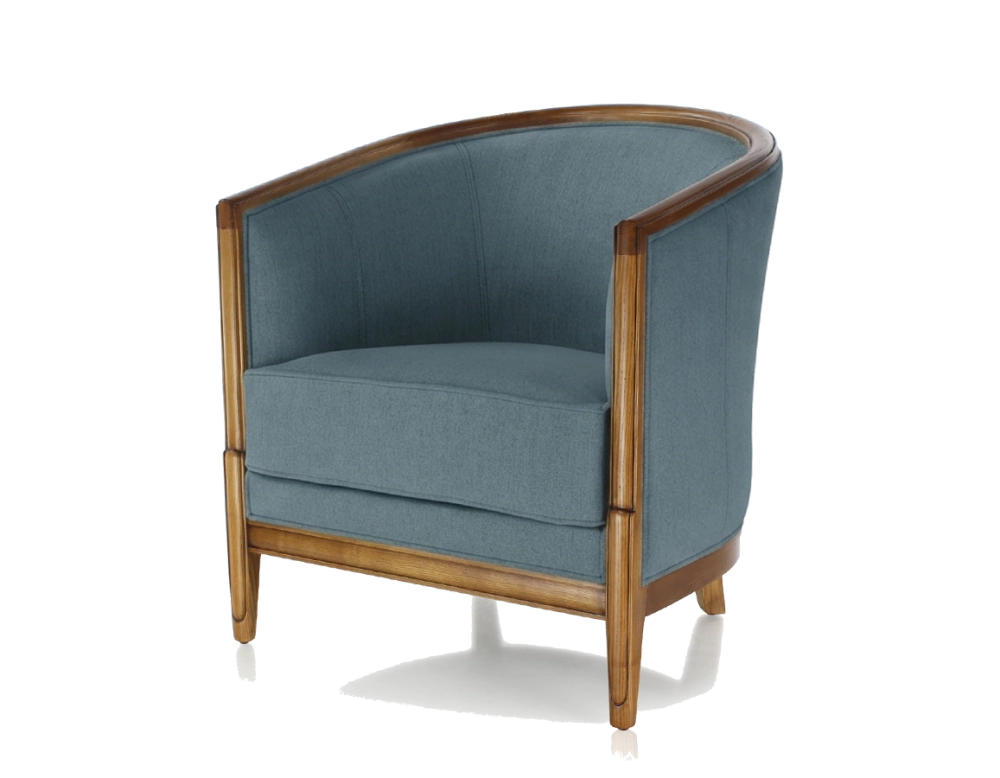Sillón antiguo con reposabrazos moldurados bois teinte ancienne et tissu bleu océan