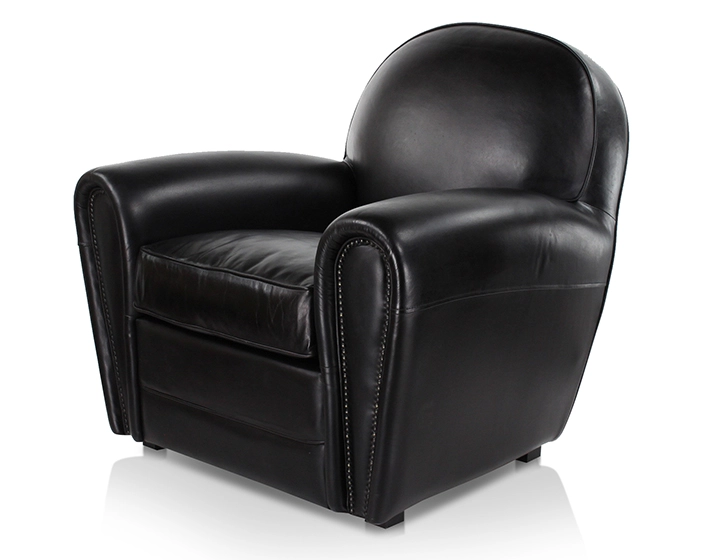 Fauteuil club cuir noir accoudoirs cloutés