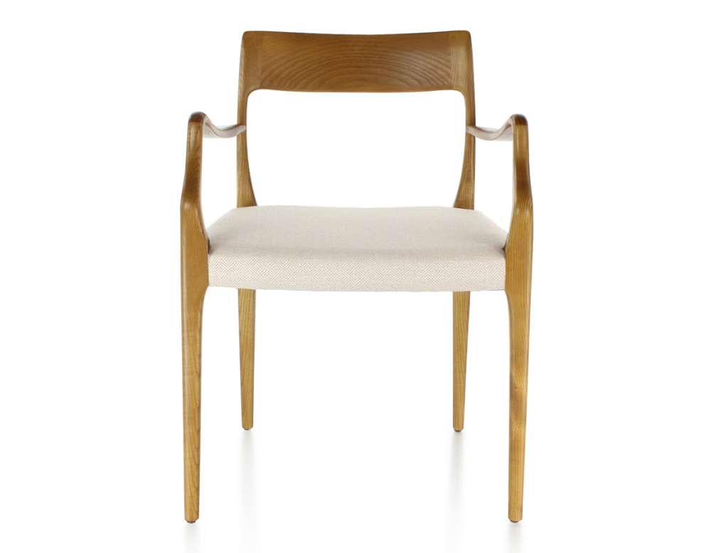 Chaise scandinave avec accoudoirs bois teinte merisier assise tissu chevron beige