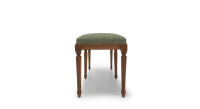 Louis XVI style antique bench wood antique stain and green mottled fabric.