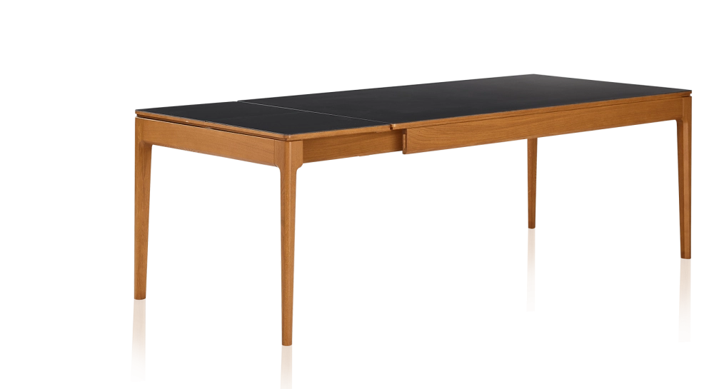 Table extensible en chêne et céramique 6 à 10 personnes allonges céramique avec bois teinte merisier et plateau et allonges céramique noire unie 140x90 cm