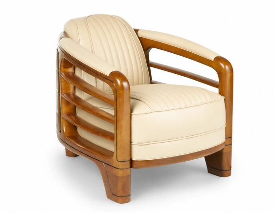 Fauteuil club bois et cuir beige