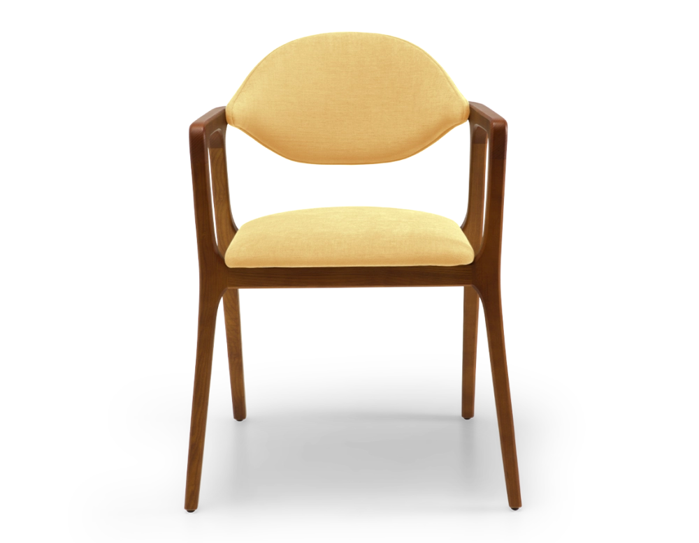 Chaise design avec accoudoirs bois teinte merisier et tissu jaune
