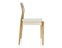 Chaise scandinave bois teinte merisier assise tissu chevron beige