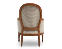Fauteuil bergère style Louis XVI bois teinte ancienne et tissu pied de poule blanc et taupe