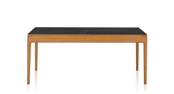 Table salle à manger en chêne et céramique 6 personnes avec bois teinte merisier et plateau céramique effet ardoise 160x100 cm