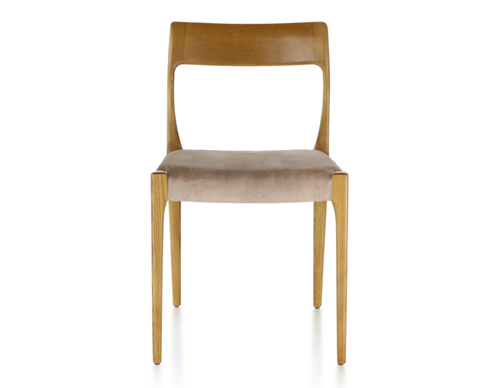 Chaise scandinave bois teinte merisier assise tissu velours taupe clair