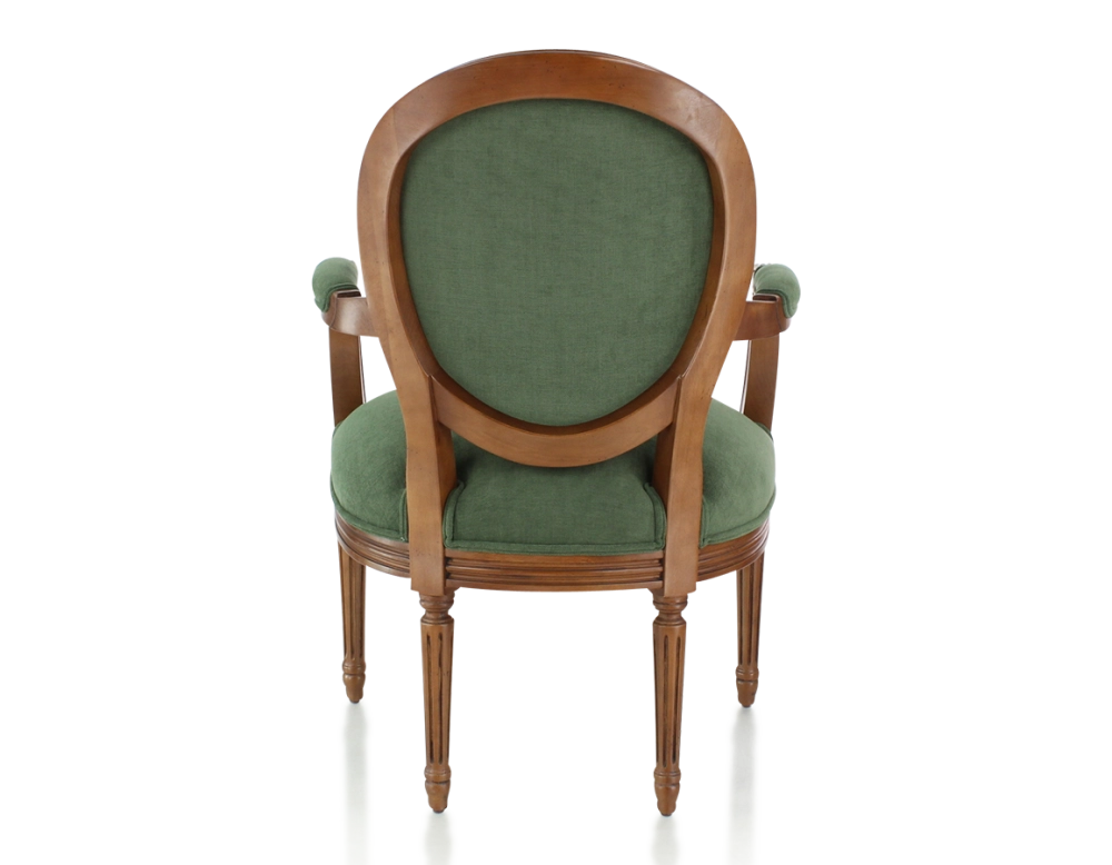 Sillón antiguo estilo Luis XVI madera con tinte envejecido y tejido verde oscuro