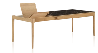Extendable table for 8 to 14 people in oak and ceramic with wooden extensions with natural stained wood and black marble effect ceramic top 210x100 cm
