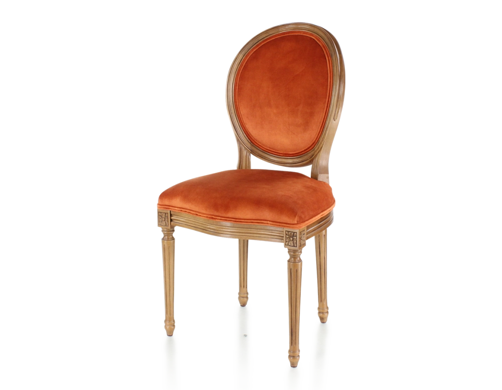Silla antigua estilo Luis XVI madera con tinte envejecido y tejido de terciopelo terracota