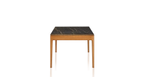 Table extensible 6 à 10 personnes en chêne et céramique allonges bois avec bois teinte merisier et plateau céramique effet marbre noir 140x90 cm