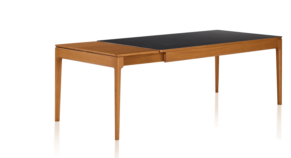 Table extensible 6 à 10 personnes en chêne et céramique allonges bois avec bois teinte merisier et plateau céramique noir unie 140x90 cm